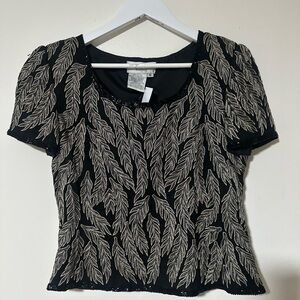 Papell Boutique Black and White Embellished Fitted Blouse